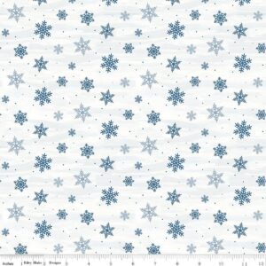an image of fabric striped in white and light gray with a pattern of scattered gray and blue snowflakes