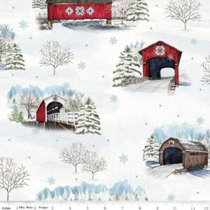 an image of fabric with a direction print featuring covered bridges in winter scenes