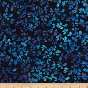 dark blue-black fabric with an allover pattern of purple and teal leaves