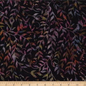 black batik fabric with an allover pattern of leafy vines