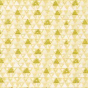 cream colored fabric with a directional pattern of triangles in pale yellow and metallic gold