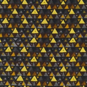 black fabric with a directional pattern of triangles in ochre, brown, gray, and metallic gold
