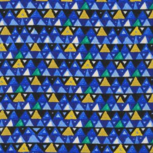 blue fabric with a directional pattern of triangles in light blue, green, blue and metallic gold